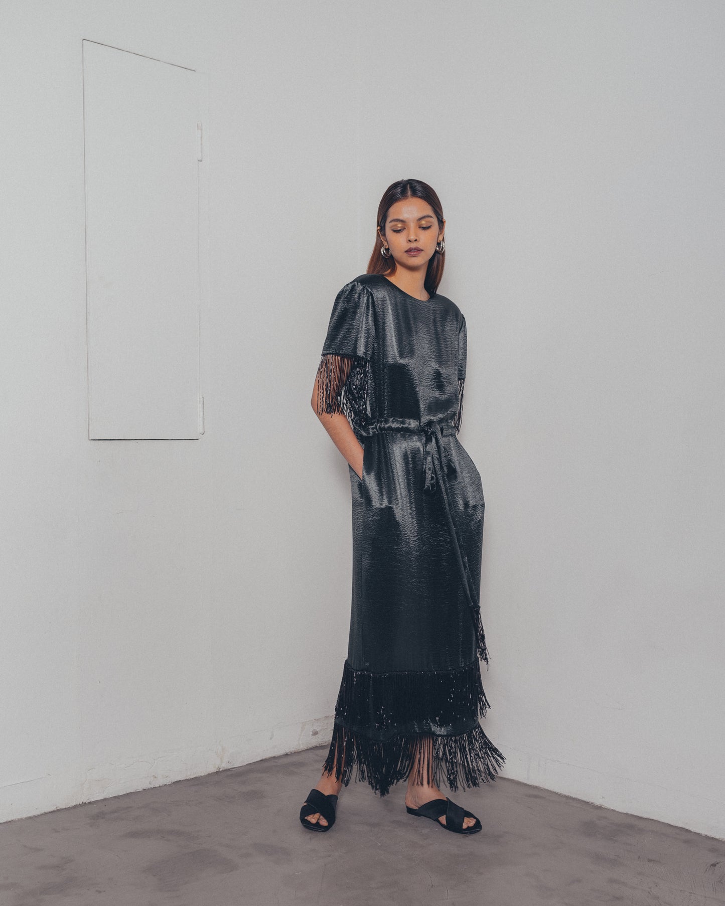 GREEN SATIN DRAWSTRING TASSLE DRESS