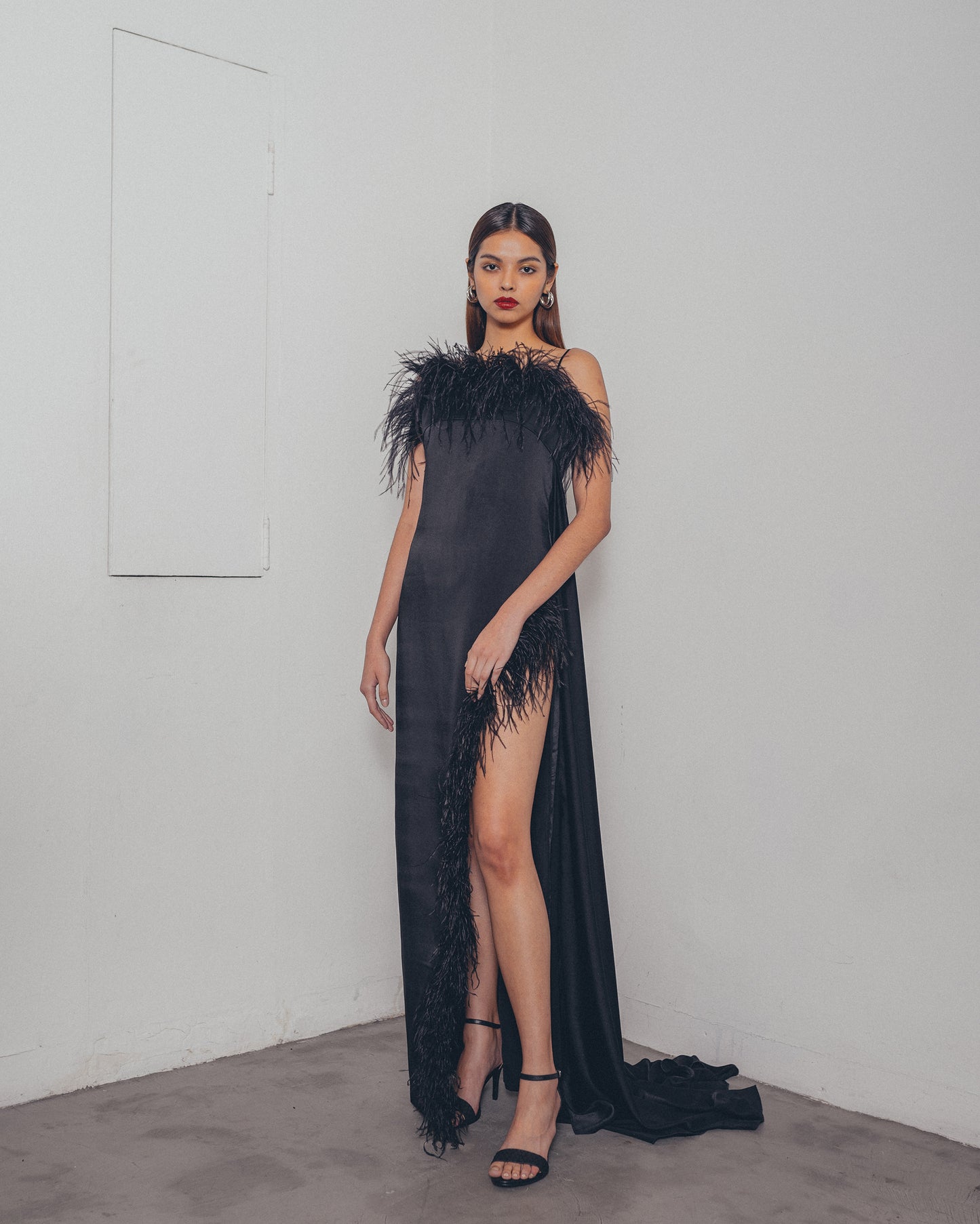 BLACK OSTRICH SIDE SLIT DRESS