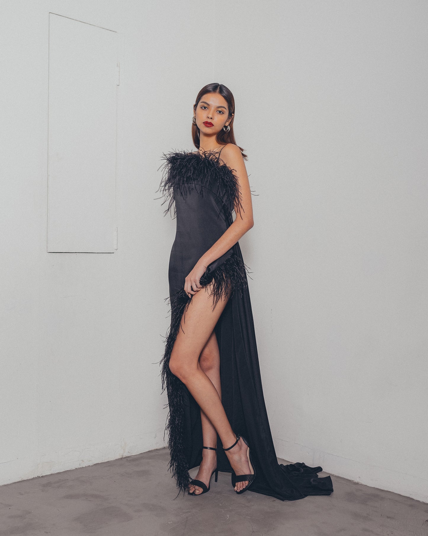 BLACK OSTRICH SIDE SLIT DRESS