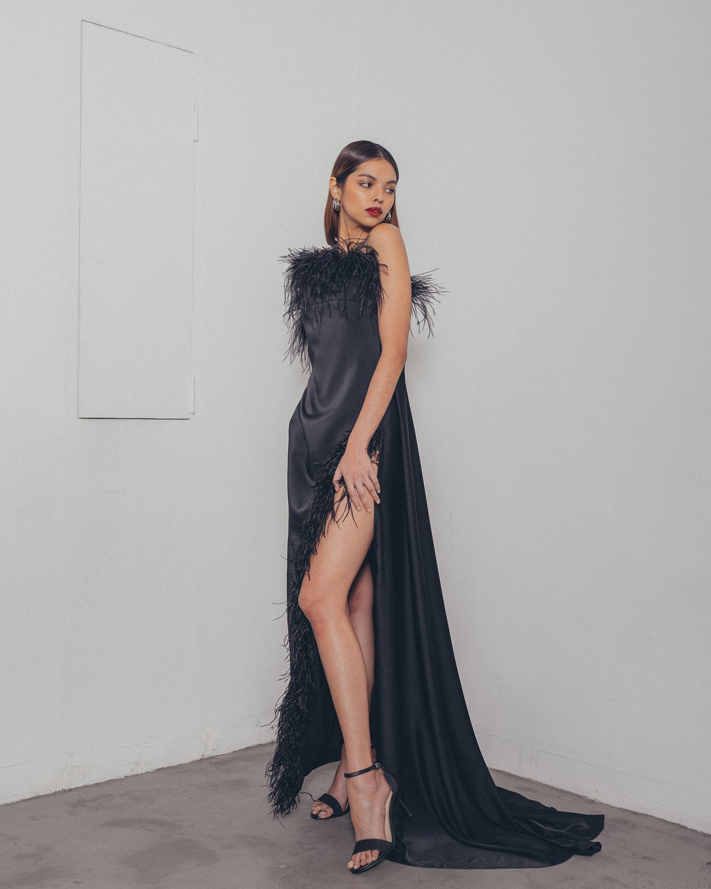 BLACK OSTRICH SIDE SLIT DRESS