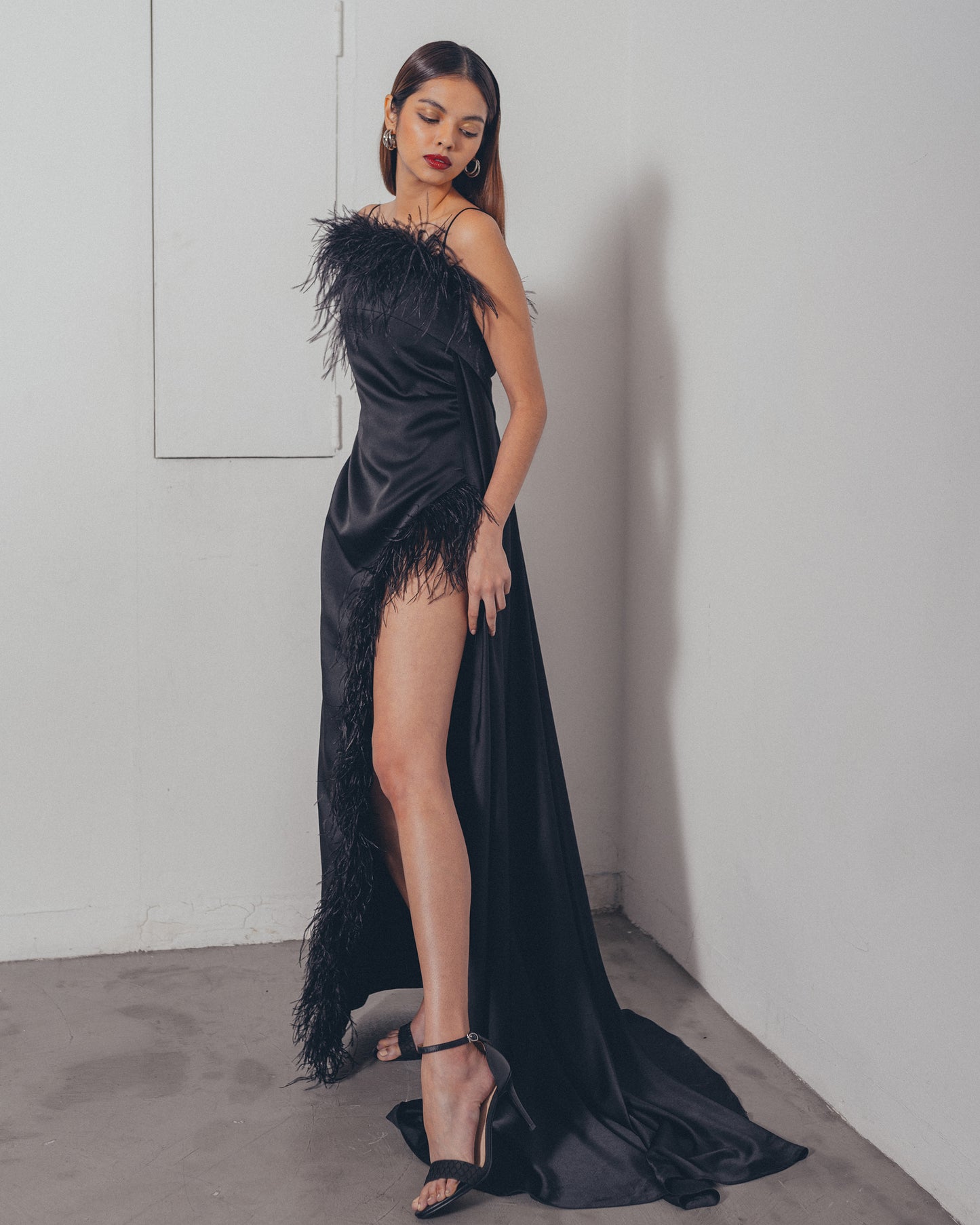 BLACK OSTRICH SIDE SLIT DRESS