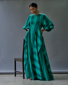 PRE-ORDER: GREEN STRIPE LINEN MAXI DRESS WITH SLIT